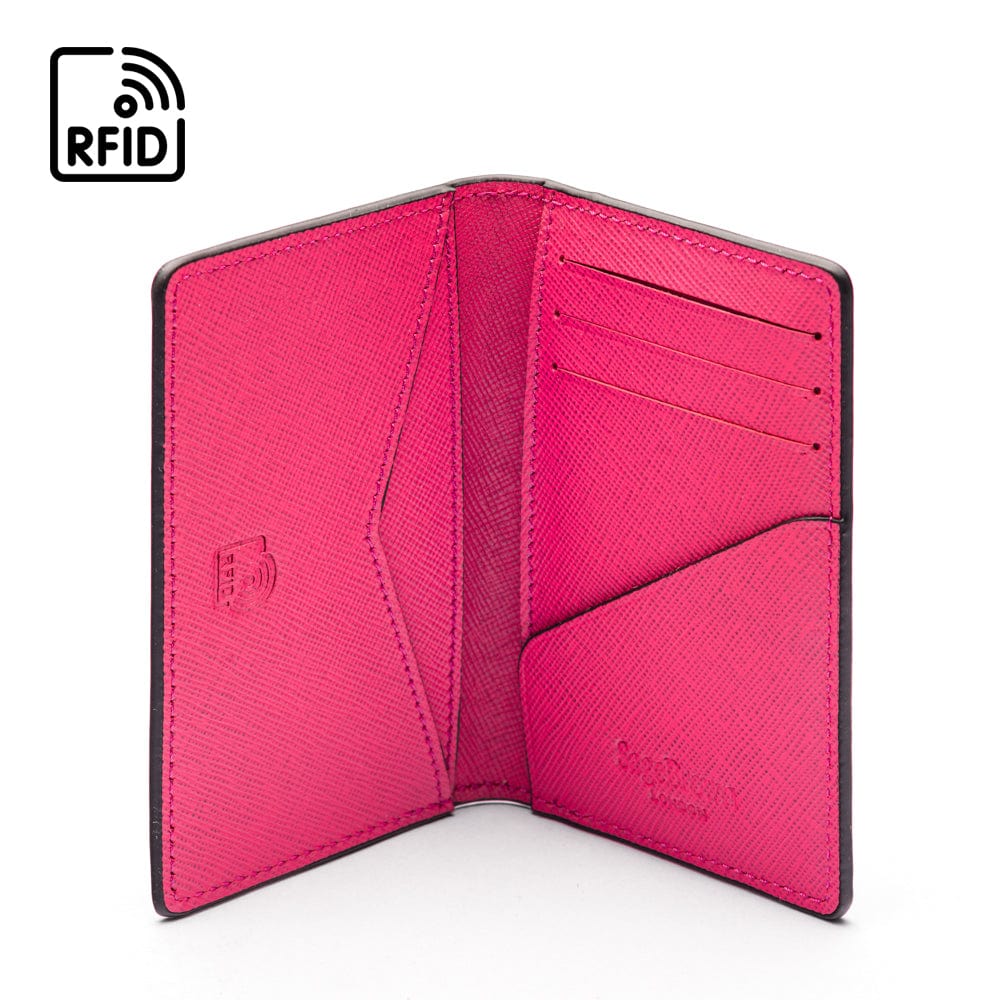 RFID bifold credit card holder, pink saffiano, inside view