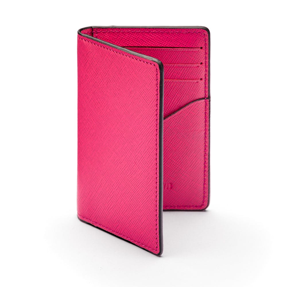 RFID bifold credit card holder, pink saffiano, front view