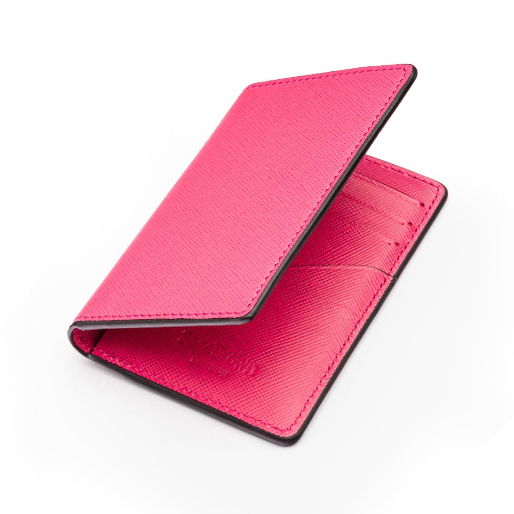 RFID bifold credit card holder, pink saffiano, open view