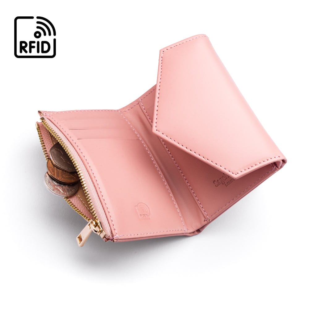 RFID blocking leather envelope purse, pink, open view