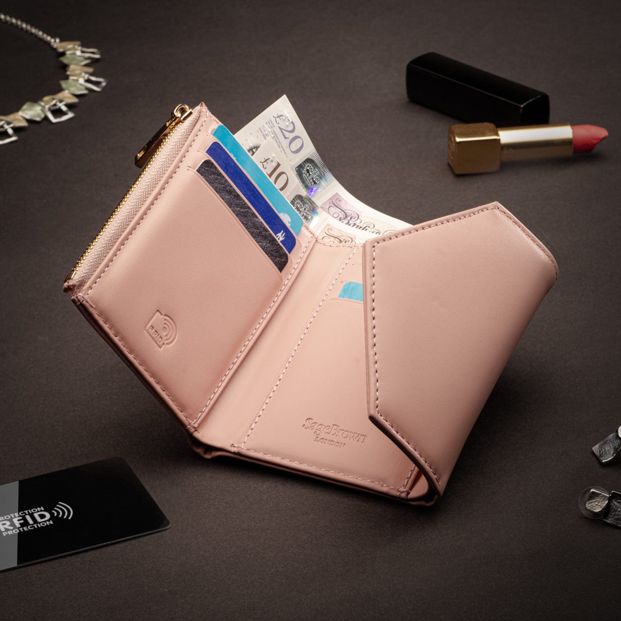 RFID blocking leather envelope purse, pink, lifestyle