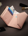 RFID blocking leather envelope purse, pink, lifestyle