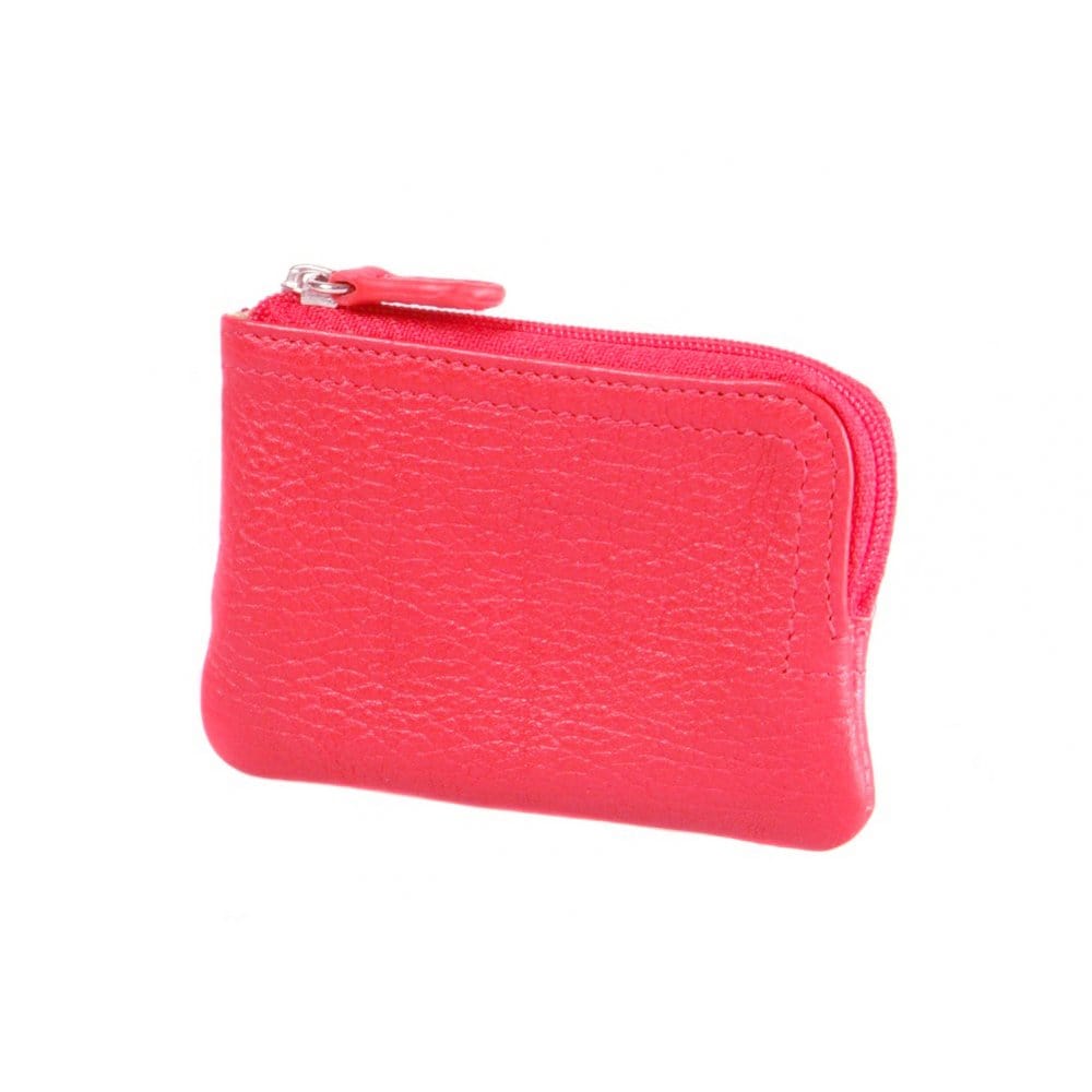 Small leather coin purse with key chain, pink, front