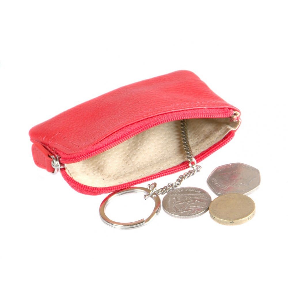 Small leather coin purse with key chain, pink, inside