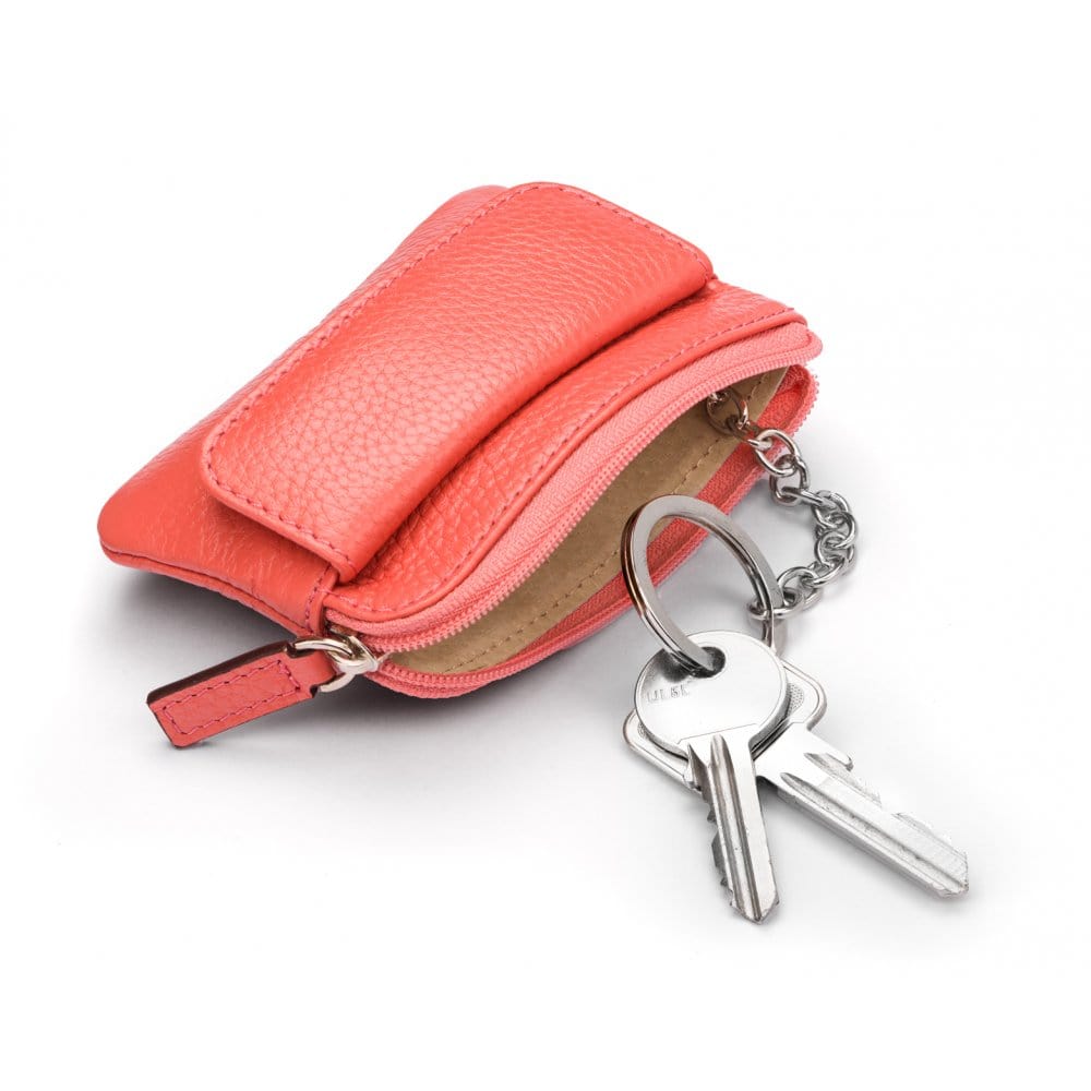 Small leather zip coin purse, pink, with key chain