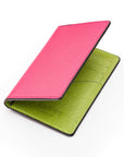 RFID bifold credit card holder, pink  with lime saffiano, open view