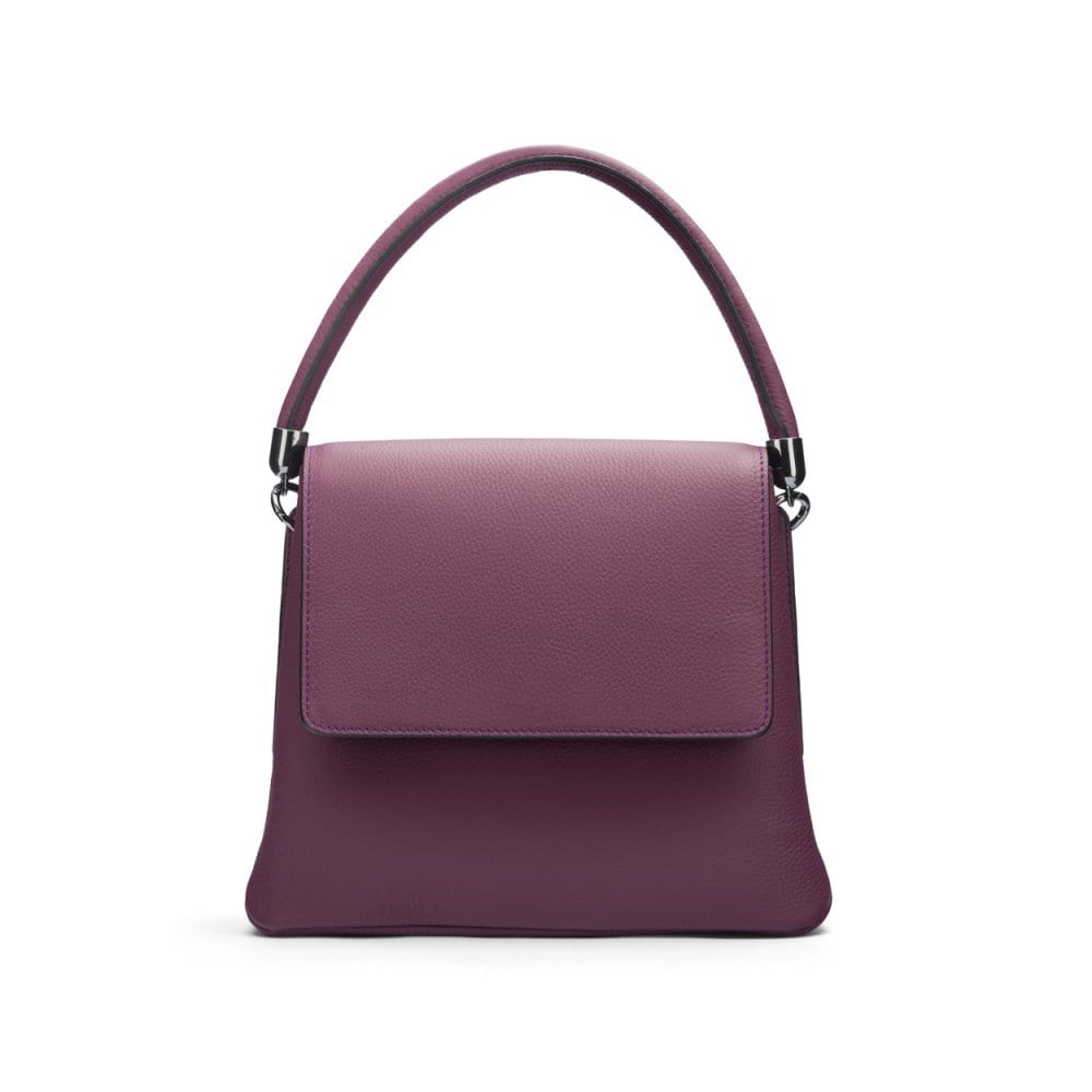 Leather handbag with flap over lid, purple, front view