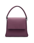 Leather handbag with flap over lid, purple, front view