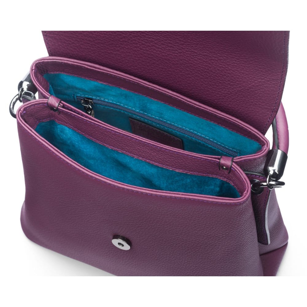 Leather handbag with flap over lid, purple, inside view