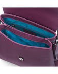 Leather handbag with flap over lid, purple, inside view