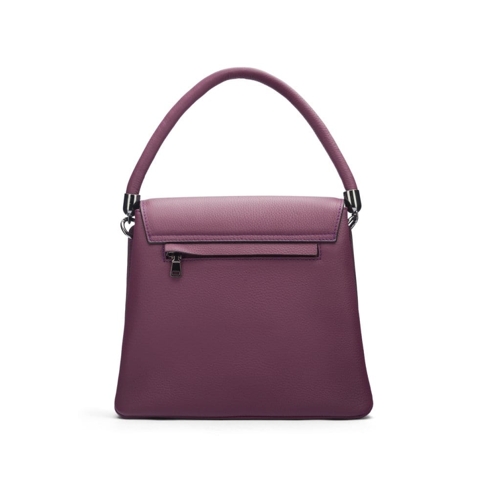 Leather handbag with flap over lid, purple, back view