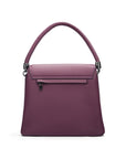 Leather handbag with flap over lid, purple, back view