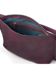 Slouchy leather shoulder bag, purple, inside