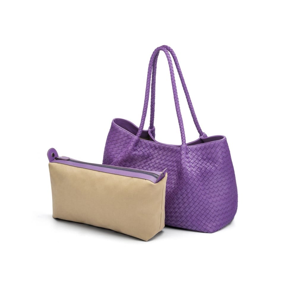 Woven leather slouchy bag, purple, with inner bag removed
