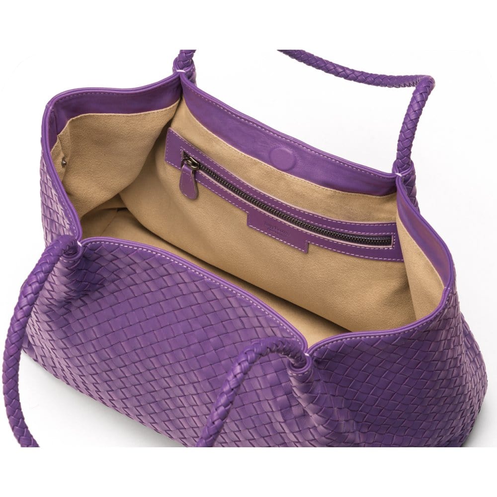 Woven leather slouchy bag, purple, without inner bag