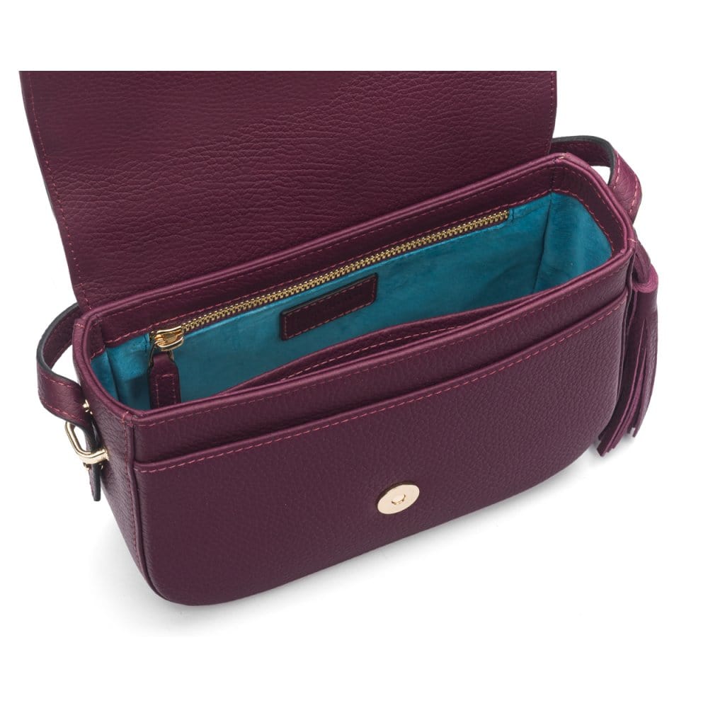 Leather saddle bag, purple, inside