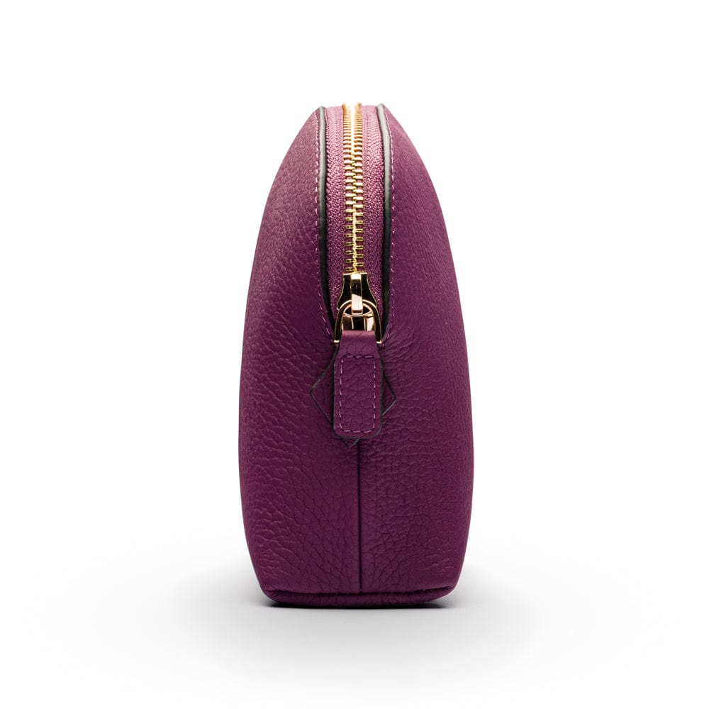 Leather cosmetic bag, purple, side profile