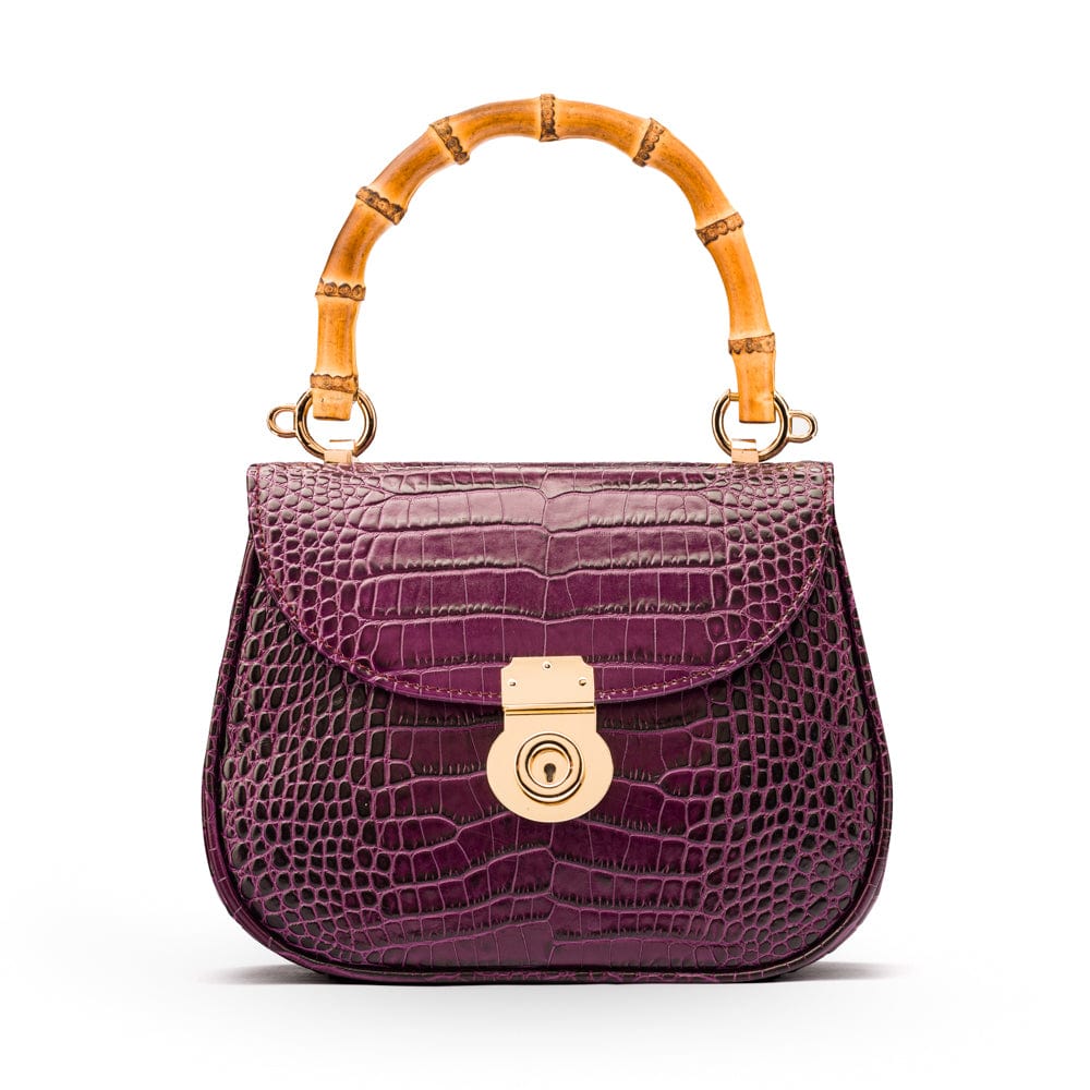 Bamboo handle bag, purple croc, front view