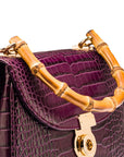 Bamboo handle bag, pink croc, bamboo handle close-up