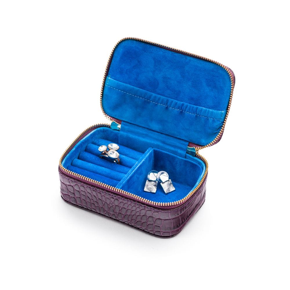 Rectangular zip around jewellery case, purple croc, open