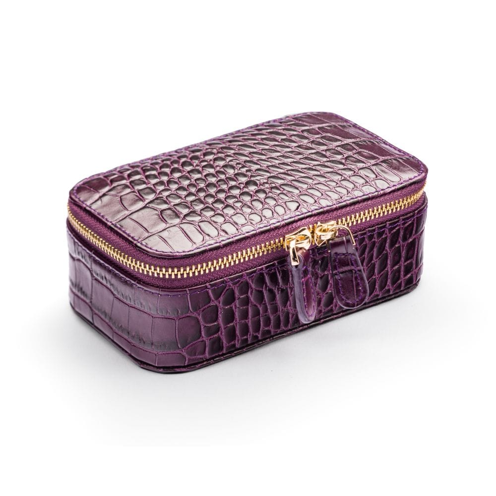 Rectangular zip around jewellery case, purple croc, front