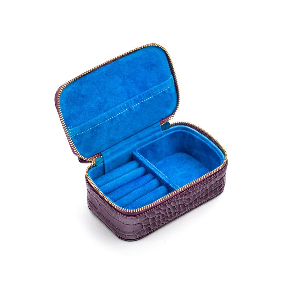 Rectangular zip around jewellery case, purple croc, inside