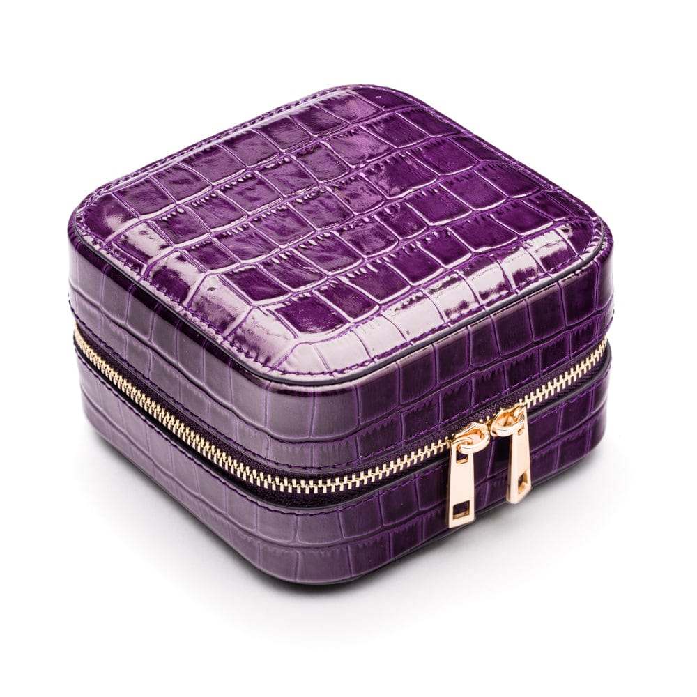 Leather travel jewellery case with zip, purple croc, side view