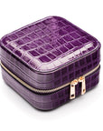 Leather travel jewellery case with zip, purple croc, side view