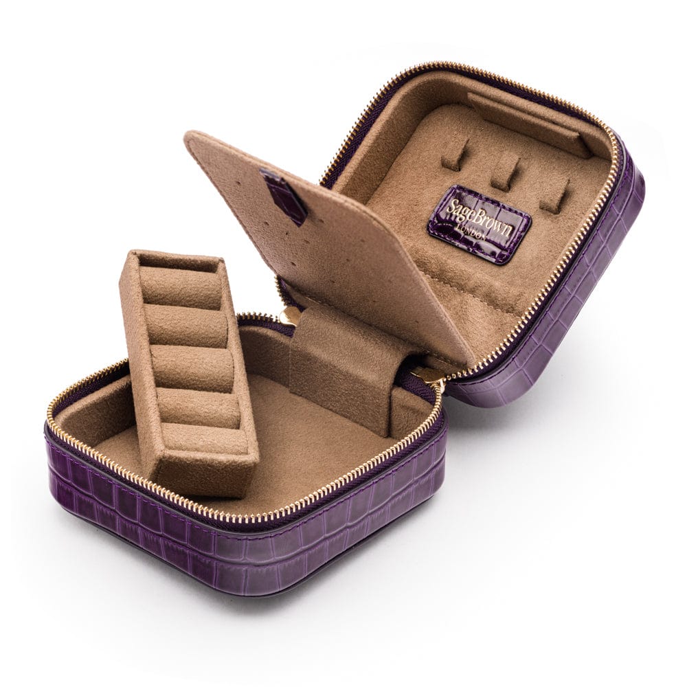 Leather travel jewellery case with zip, purple croc, inside view
