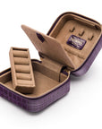 Leather travel jewellery case with zip, purple croc, inside view