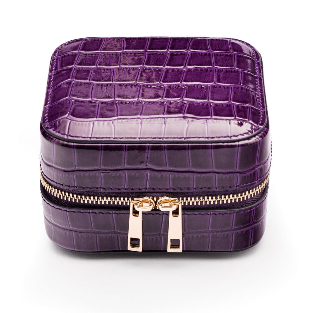 Leather travel jewellery case with zip, purple croc, front view