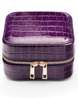 Leather travel jewellery case with zip, purple croc, front view