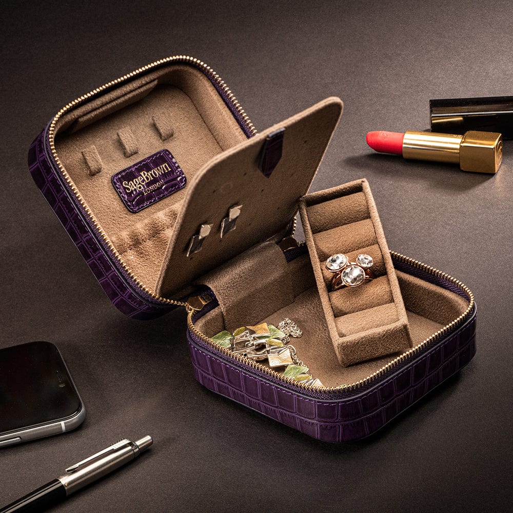 Leather travel jewellery case with zip, purple croc