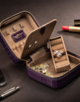 Leather travel jewellery case with zip, purple croc