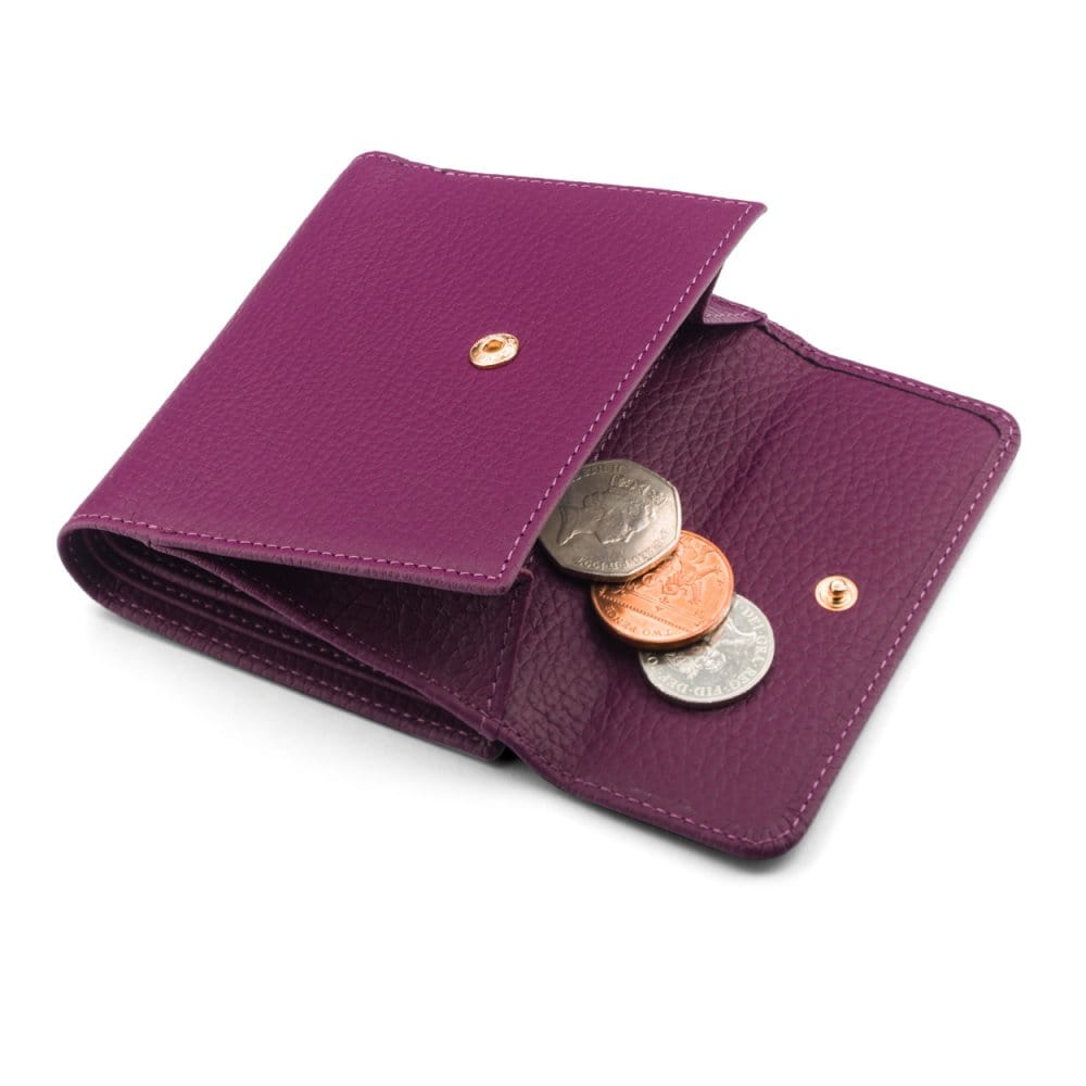 Women's leather purse with 6 cards and coins, purple, open view