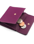 Women's leather purse with 6 cards and coins, purple, open view