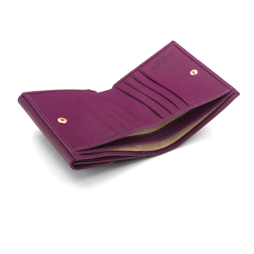 Women's leather purse with 6 cards and coins, purple, inside