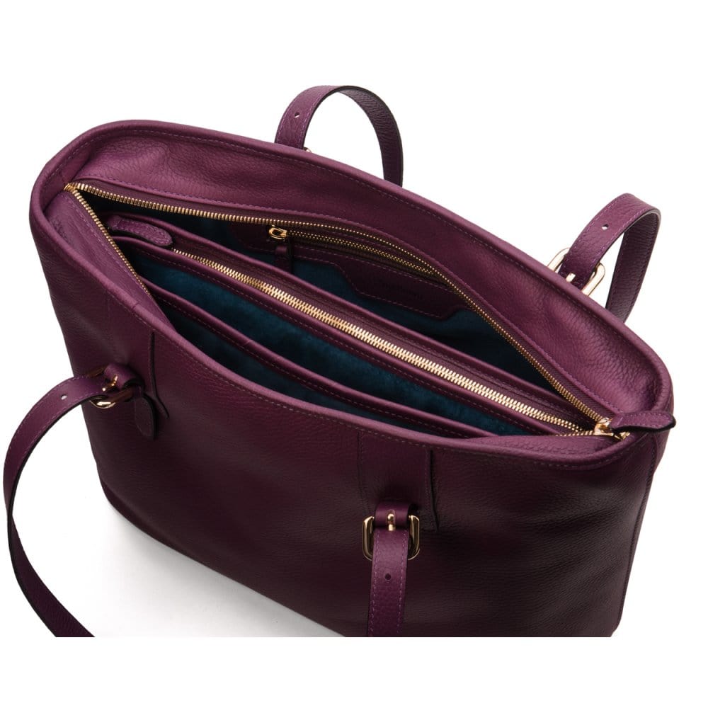 Women's leather 13" laptop workbag, purple, open