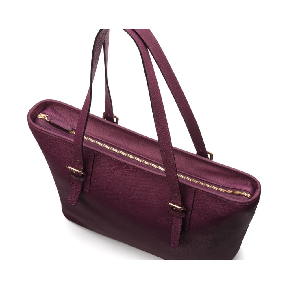 Women's leather 13" laptop workbag, purple, zip closure