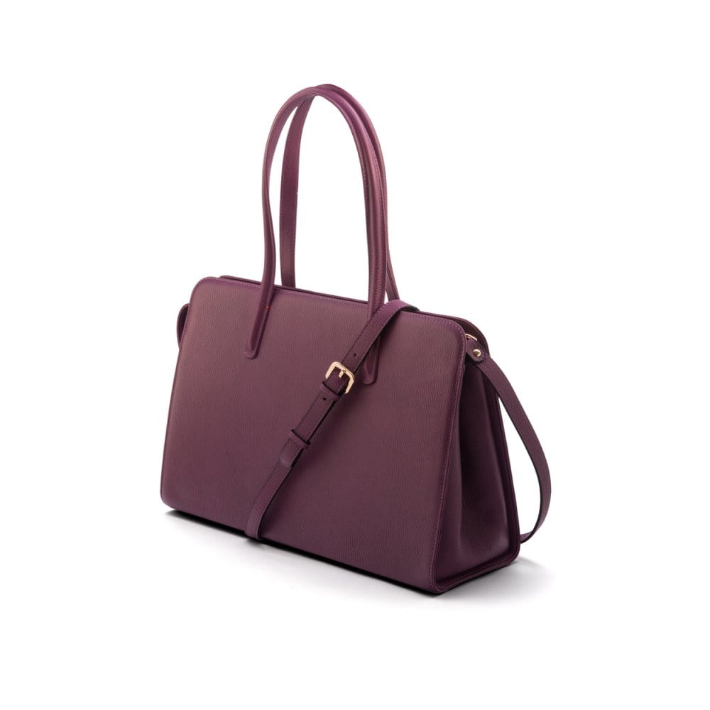Ladies' leather 15" laptop handbag, purple, with shoulder strap