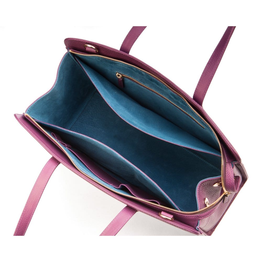 Ladies' leather 15" laptop handbag, purple, inside view