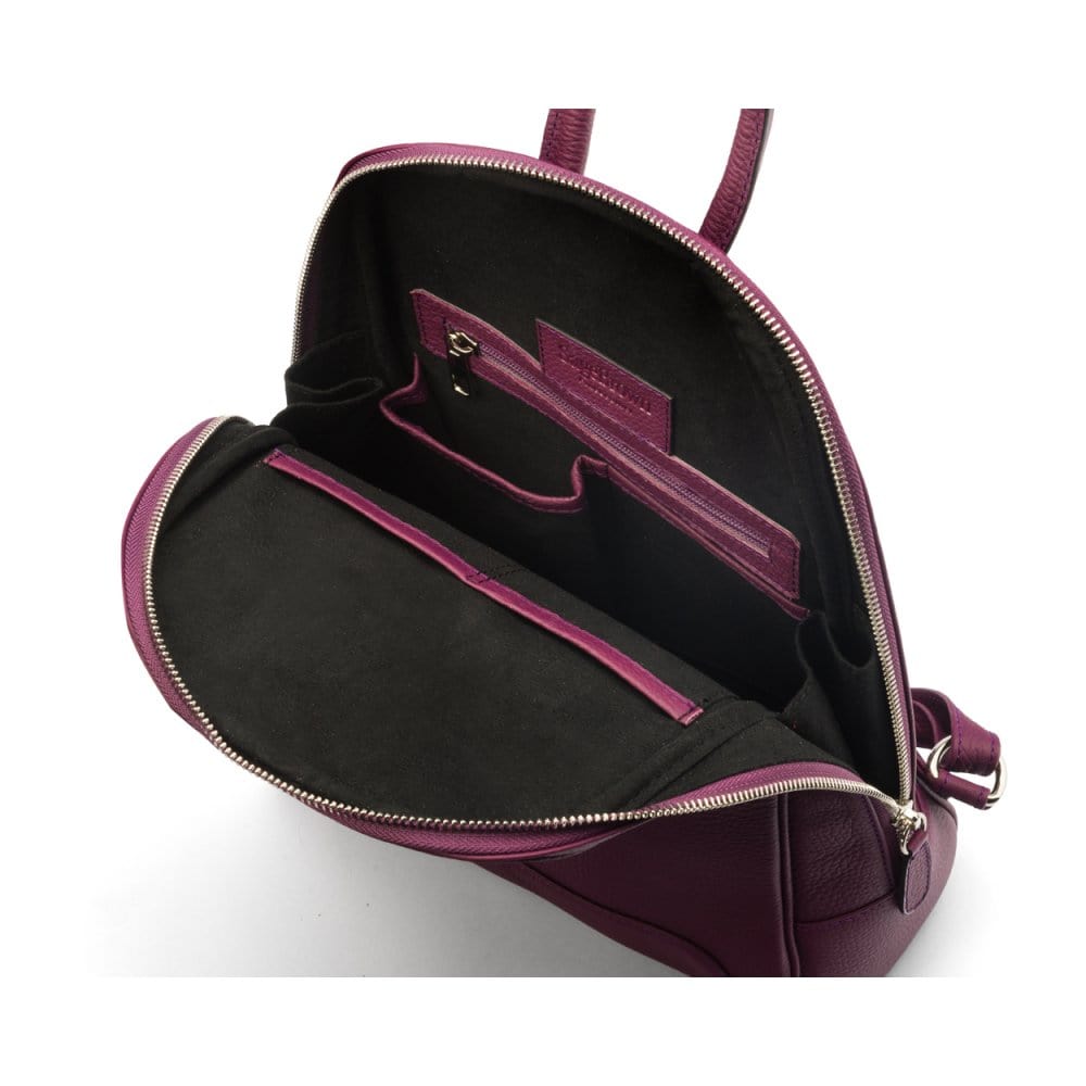 Ladies leather backpack, purple, inside