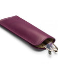 Large leather glasses case, purple, open