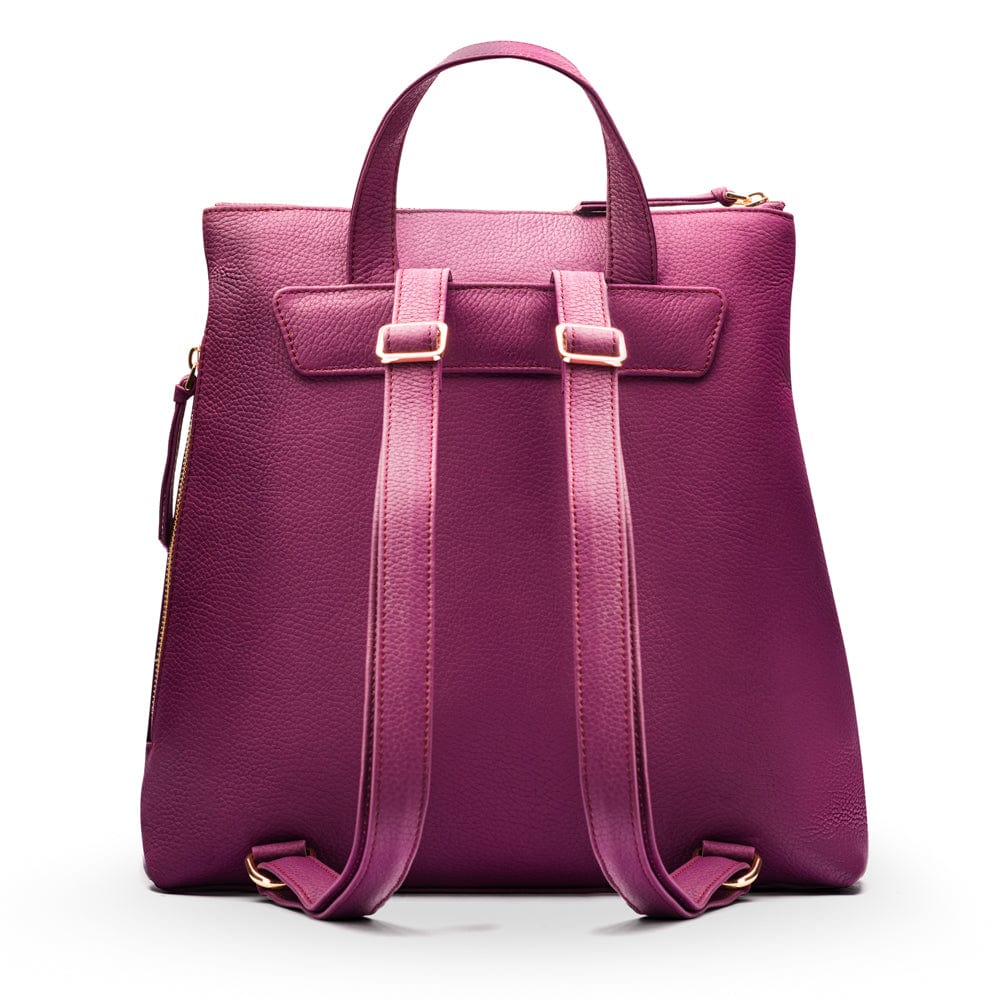 Leather 13" laptop backpack, purple, back view