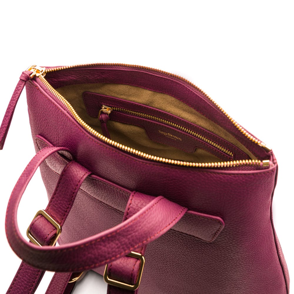 Leather 13" laptop backpack, purple, open view