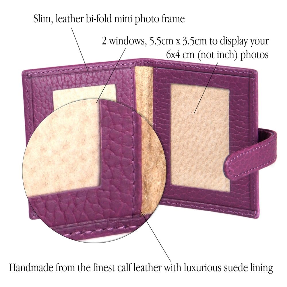 Mini leather passport photo frame, purple, 60 x 40mm, features