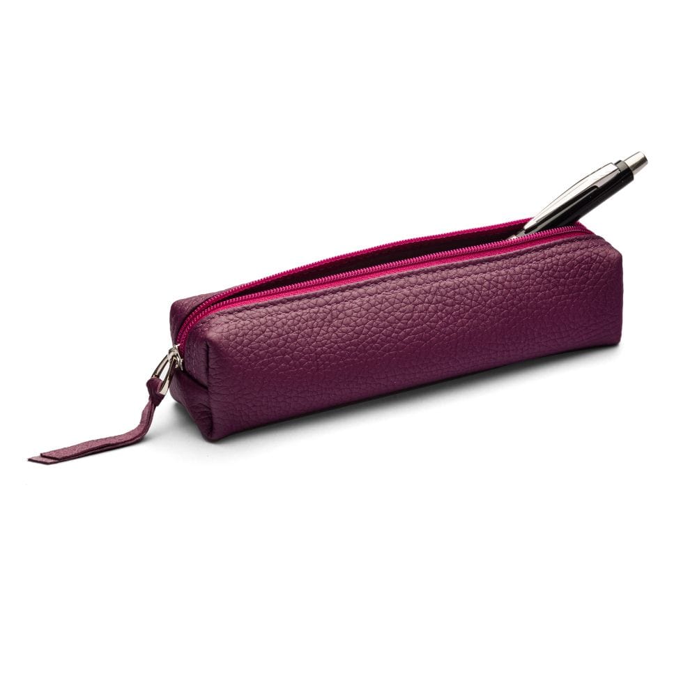Leather pencil case, purple, open