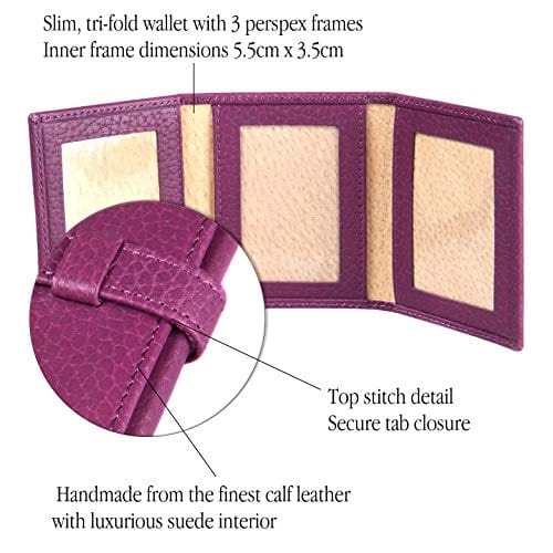 Mini leather trifold photo frame, purple, 60 x 40mm, features