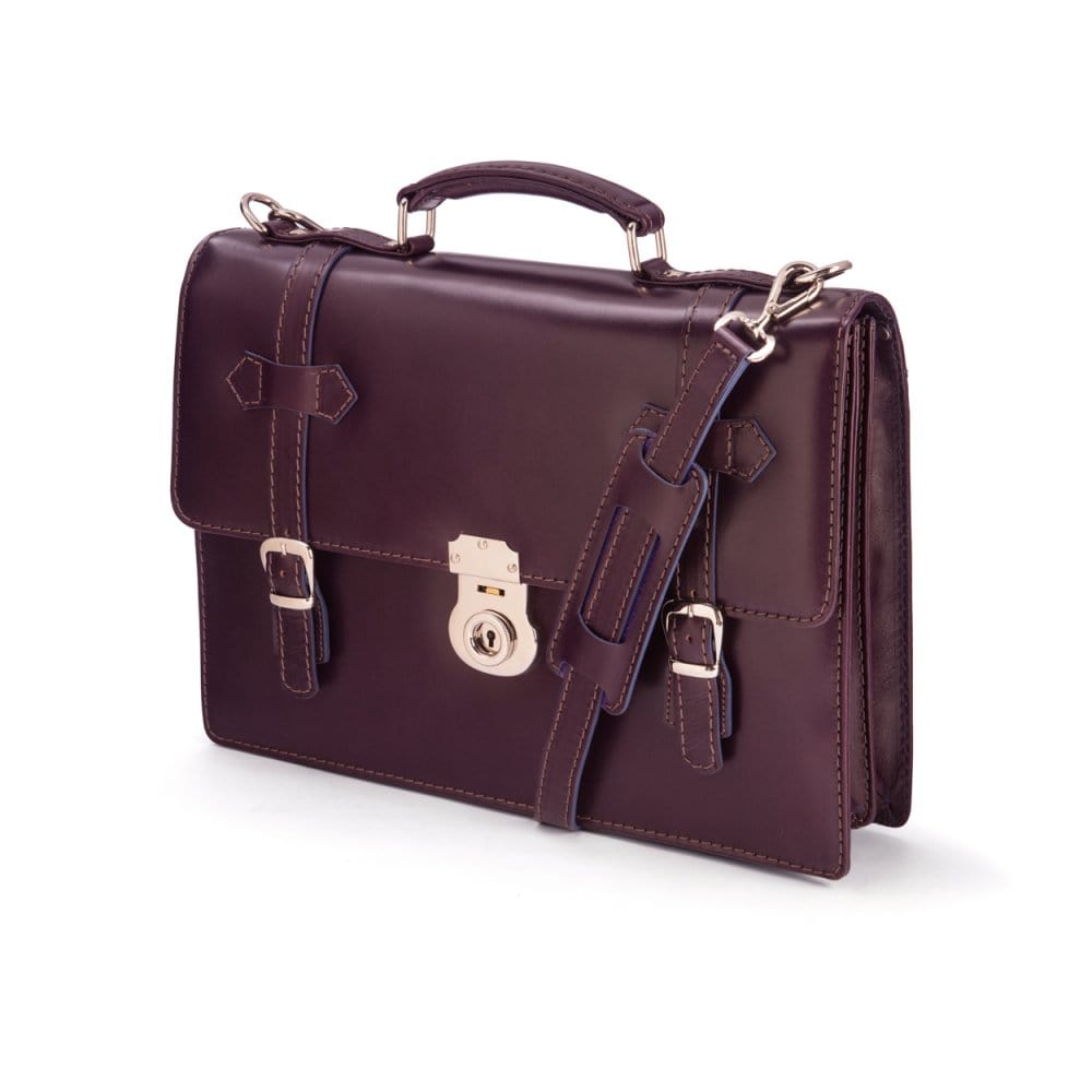Leather Cambridge satchel briefcase with silver brass lock, purple, side