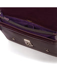 Leather Cambridge satchel briefcase with silver brass lock, purple, inside